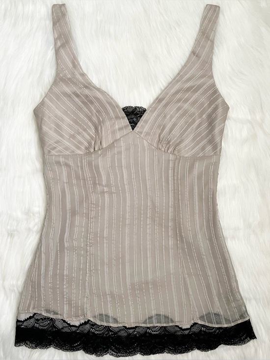 White House Black Market Tops - White House Black Market Y2K Silk Blend Mesh Cream Tank Top With Black Lace Trim
